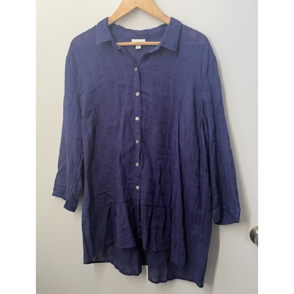J. Jill Womens Plaid Button Front Shirt Tunic Ruffle Hem Size XL 100% Cotton